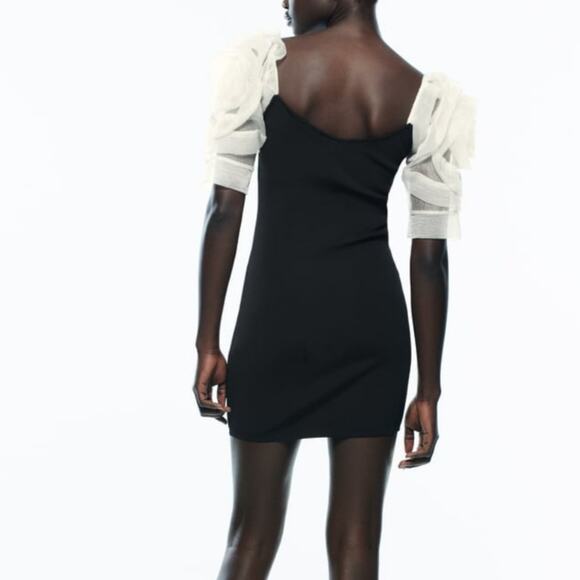 ZARA Voluminous Balloon Organza Sleeve Mini Dress Knit Size Small - Picture 4 of 10